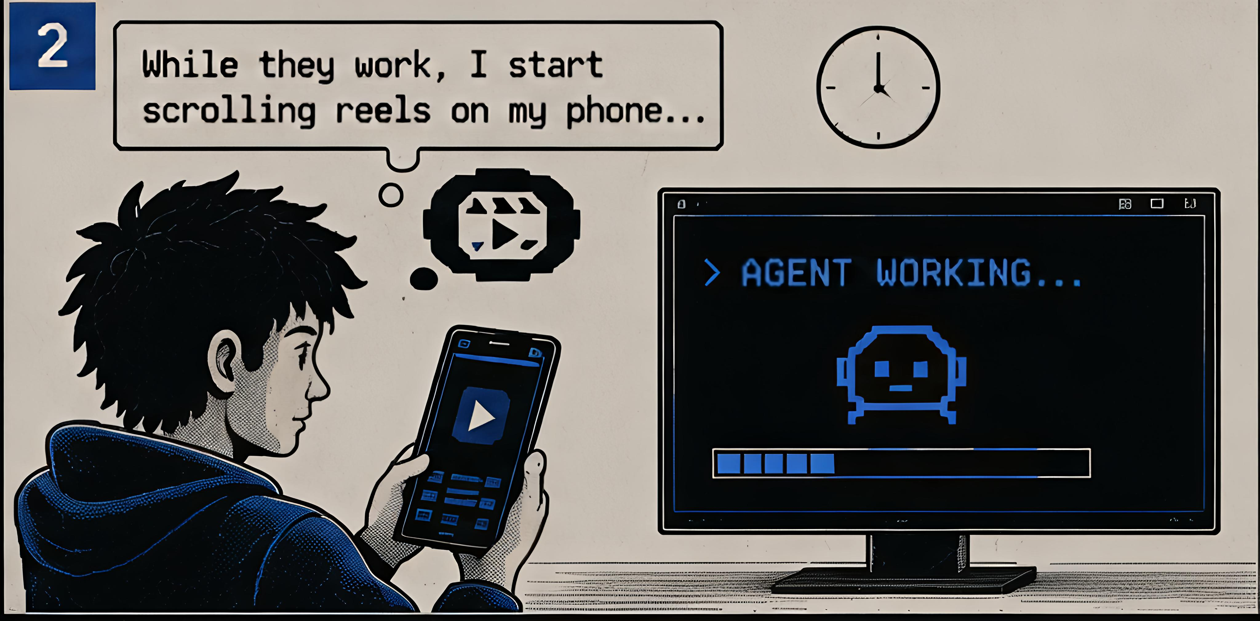 Panel 2 — While they work, I start scrolling reels on my phone