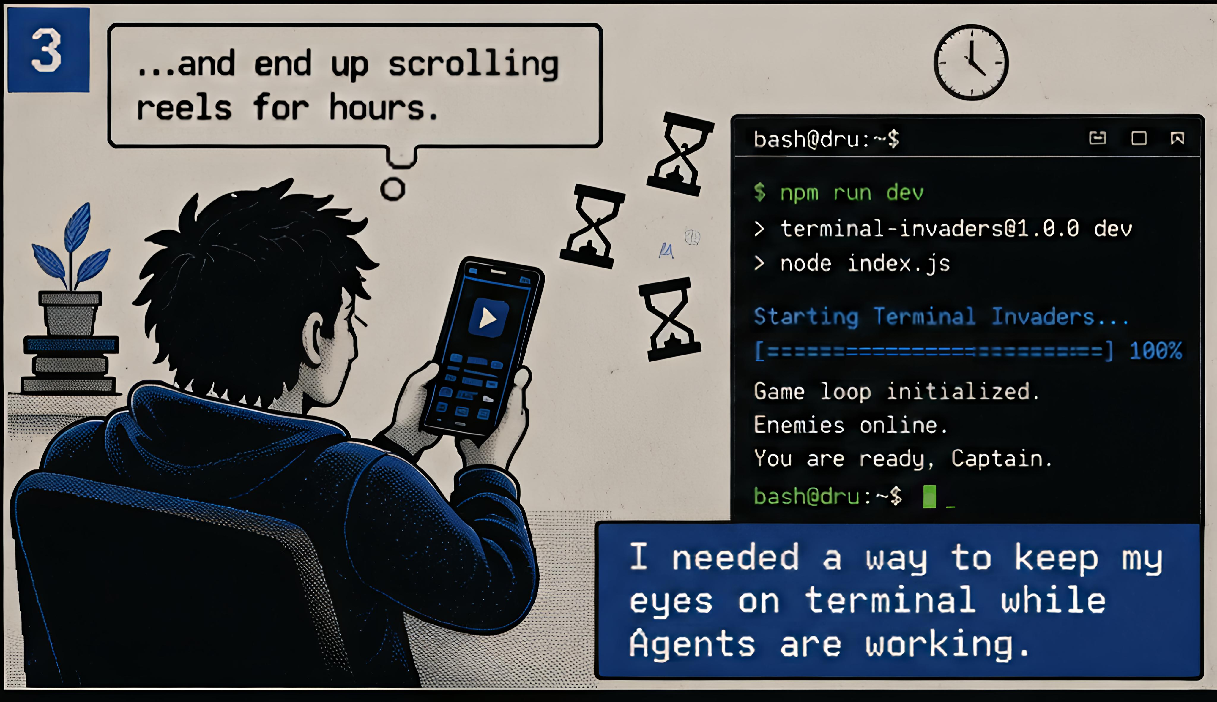 Panel 3 — And end up scrolling reels for hours